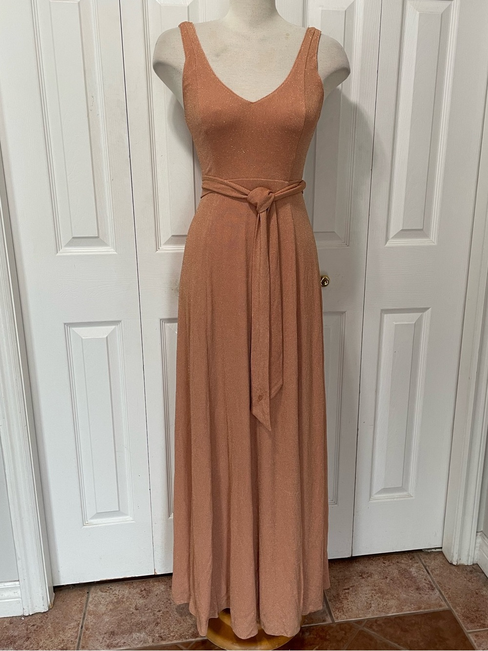Sleeveless V-Neck Maxi Dress with Waist Tie - Rust